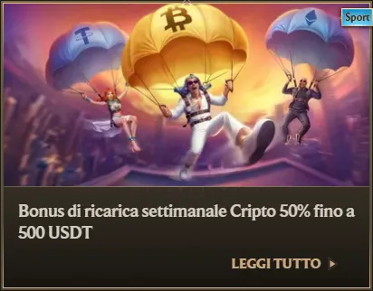 Bonus di ricarica settimanale cripto 50pct fino a 500 usdt